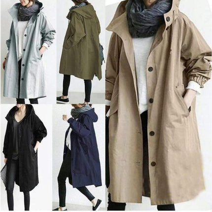 Spring Button Casual Trench Coat Women's Midi Loose Long Sleeve Hooded Jacket 1