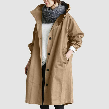 Spring Button Casual Trench Coat Women's Midi Loose Long Sleeve Hooded Jacket 1