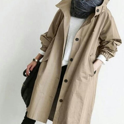 Spring Button Casual Trench Coat Women's Midi Loose Long Sleeve Hooded Jacket