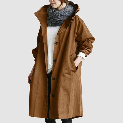 Spring Button Casual Trench Coat Women's Midi Loose Long Sleeve Hooded Jacket