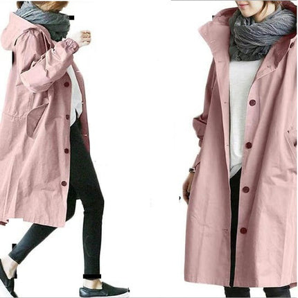 Spring Button Casual Trench Coat Women's Midi Loose Long Sleeve Hooded Jacket