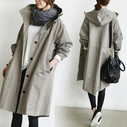 Spring Button Casual Trench Coat Women's Midi Loose Long Sleeve Hooded Jacket