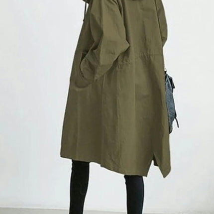 Spring Button Casual Trench Coat Women's Midi Loose Long Sleeve Hooded Jacket