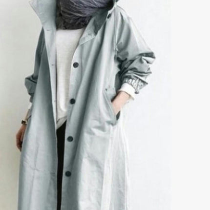 Spring Button Casual Trench Coat Women's Midi Loose Long Sleeve Hooded Jacket