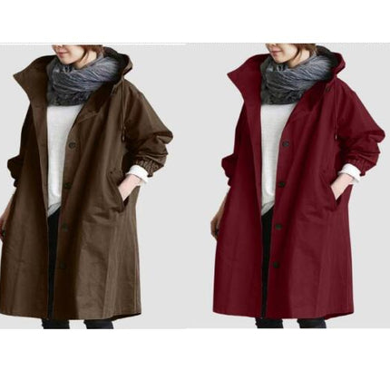 Spring Button Casual Trench Coat Women's Midi Loose Long Sleeve Hooded Jacket 1