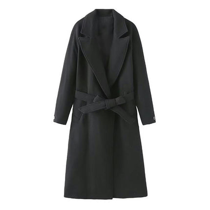 Women's Long Wool Pea Coat Winter Casual Coat Notch Lapel Belt Jacket Coat