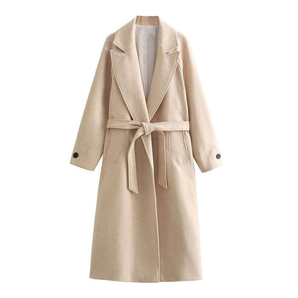 Women's Long Wool Pea Coat Winter Casual Coat Notch Lapel Belt Jacket Coat