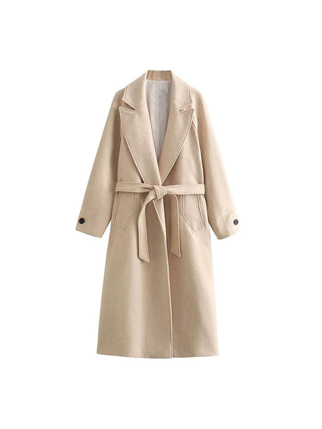 Women's Long Wool Pea Coat Winter Casual Coat Notch Lapel Belt Jacket Coat