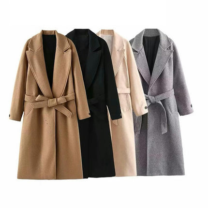 Women's Long Wool Pea Coat Winter Casual Coat Notch Lapel Belt Jacket Coat