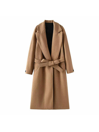 Women's Long Wool Pea Coat Winter Casual Coat Notch Lapel Belt Jacket Coat