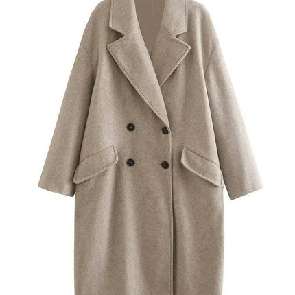 Women's Lapel Double Breasted Woolen Loose Trench Coat with Pockets