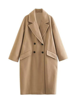 Women's Lapel Double Breasted Woolen Loose Trench Coat with Pockets