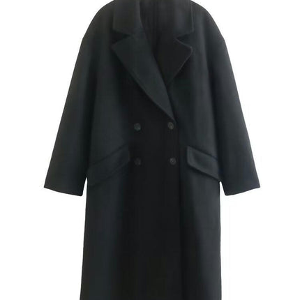 Women's Lapel Double Breasted Woolen Loose Trench Coat with Pockets