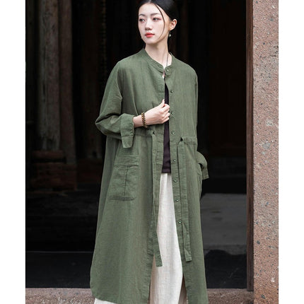 Cotton and Linen Women's Casual Long Cardigan Linen Drawstring Top Jacket