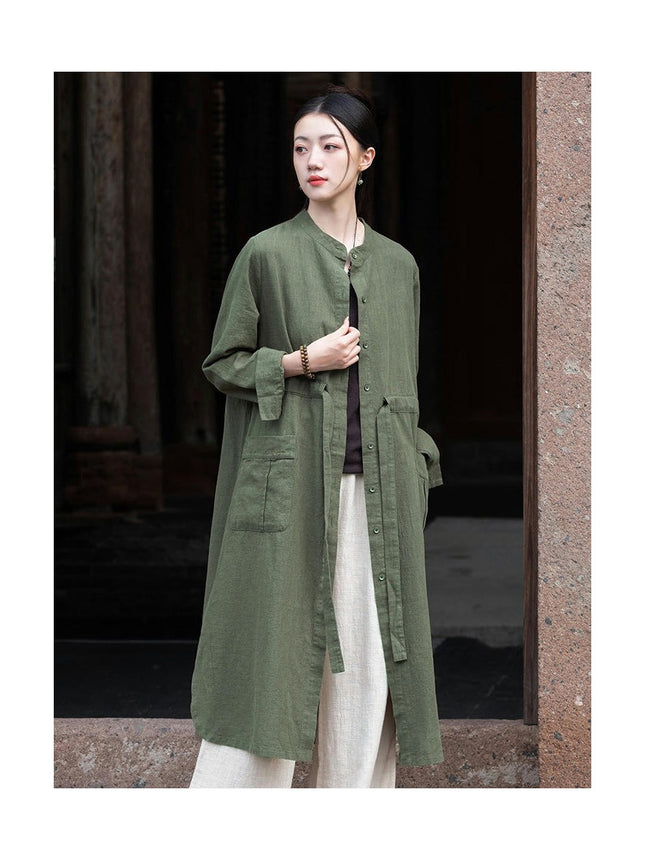 Cotton and Linen Women's Casual Long Cardigan Linen Drawstring Top Jacket