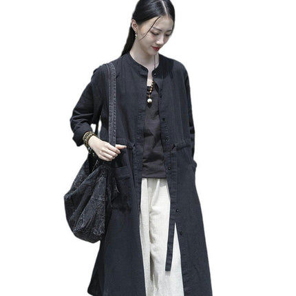 Cotton and Linen Women's Casual Long Cardigan Linen Drawstring Top Jacket