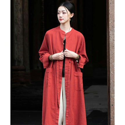 Cotton and Linen Women's Casual Long Cardigan Linen Drawstring Top Jacket