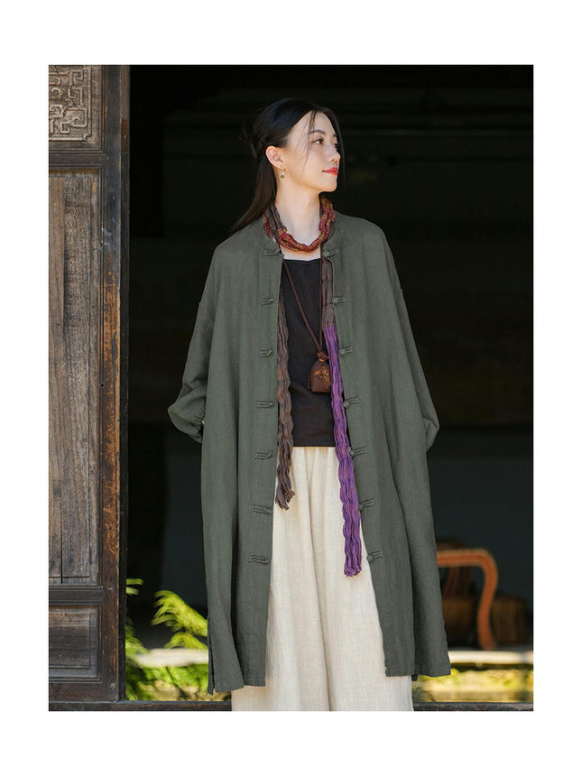 Women Vintage Cotton Linen Trench Coats Button Stand Solid Color Long Sleeve Pockets Long Jackets