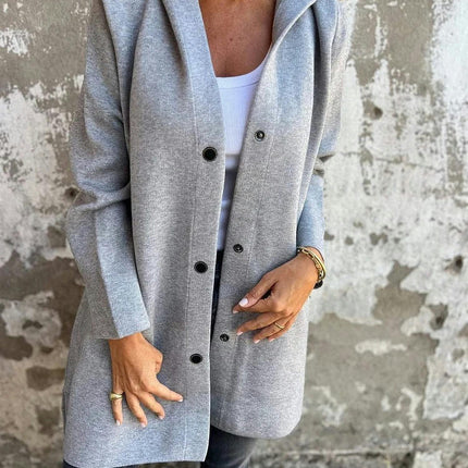 Autumn and Winter Women's Solid Color Casual Button Hooded Jacket Outerwear