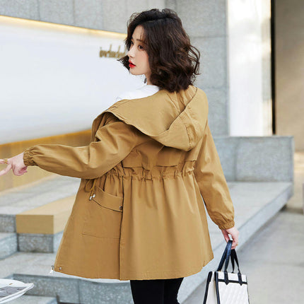 Spring and Autumn Thin Hooded Windbreaker Women's Mid-Length Waisted Casual Coat Jacket