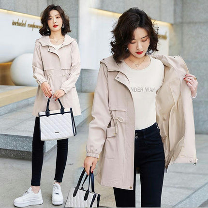 Spring and Autumn Thin Hooded Windbreaker Women's Mid-Length Waisted Casual Coat Jacket