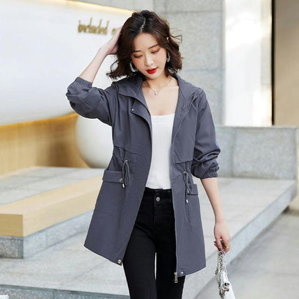 Spring and Autumn Thin Hooded Windbreaker Women's Mid-Length Waisted Casual Coat Jacket