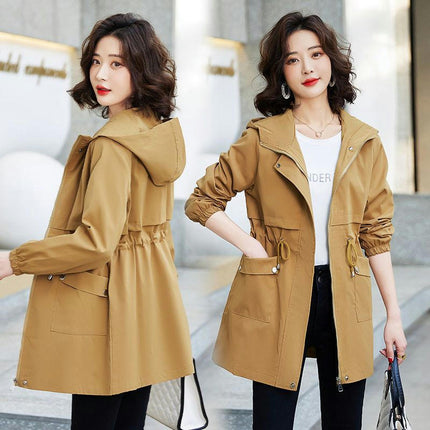 Spring and Autumn Thin Hooded Windbreaker Women's Mid-Length Waisted Casual Coat Jacket