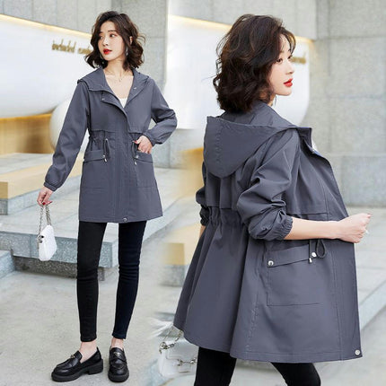 Spring and Autumn Thin Hooded Windbreaker Women's Mid-Length Waisted Casual Coat Jacket