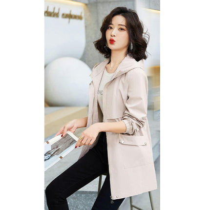 Spring and Autumn Thin Hooded Windbreaker Women's Mid-Length Waisted Casual Coat Jacket