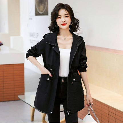 Spring and Autumn Thin Hooded Windbreaker Women's Mid-Length Waisted Casual Coat Jacket