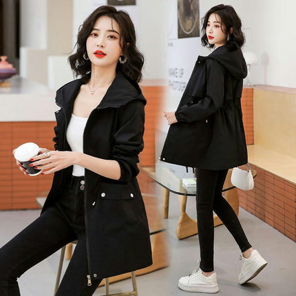 Spring and Autumn Thin Hooded Windbreaker Women's Mid-Length Waisted Casual Coat Jacket