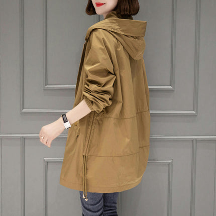 Women's Hooded Zipper Windbreaker Mid-Length Spring and Autumn Thin Casual Jacket