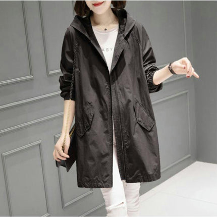 Women's Hooded Zipper Windbreaker Mid-Length Spring and Autumn Thin Casual Jacket