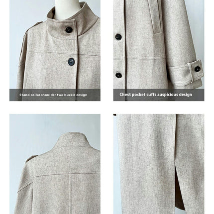 Women's Long Linen British Style Coat - Autumn Loose Stand Collar Button Coat