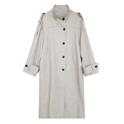 Women's Long Linen British Style Coat - Autumn Loose Stand Collar Button Coat