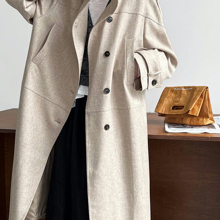 Women's Long Linen British Style Coat - Autumn Loose Stand Collar Button Coat