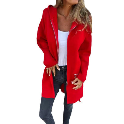 Women's Long Sleeve Zipper Hooded Cardigan - Loose Casual Mid-Length Jacket