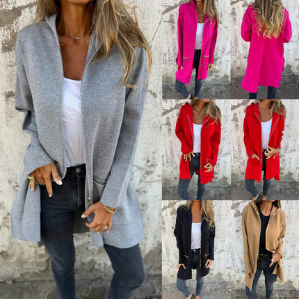 Women's Long Sleeve Zipper Hooded Cardigan - Loose Casual Mid-Length Jacket