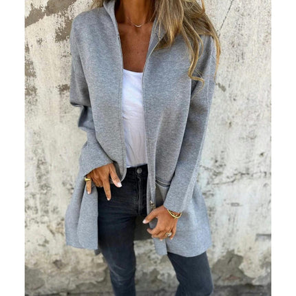 Women's Long Sleeve Zipper Hooded Cardigan - Loose Casual Mid-Length Jacket