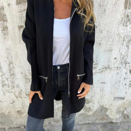 Women's Long Sleeve Zipper Hooded Cardigan - Loose Casual Mid-Length Jacket