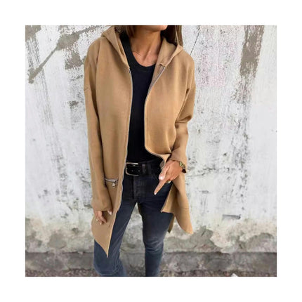 Women's Long Sleeve Zipper Hooded Cardigan - Loose Casual Mid-Length Jacket