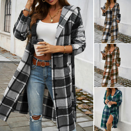 Women's Long Sleeve Plaid Casual Loose Jacket-Long Hooded Button Coat