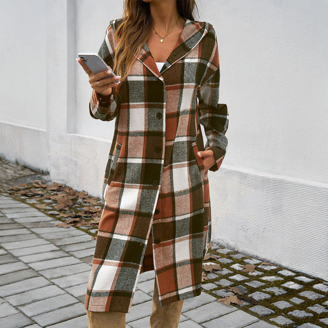 Women's Long Sleeve Plaid Casual Loose Jacket-Long Hooded Button Coat