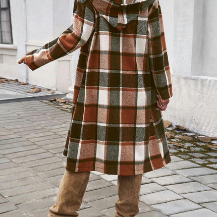 Women's Long Sleeve Plaid Casual Loose Jacket-Long Hooded Button Coat