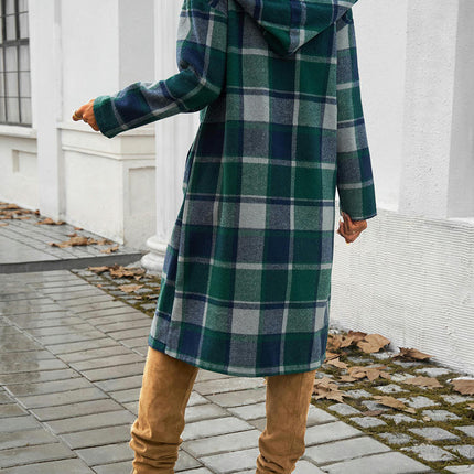 Women's Long Sleeve Plaid Casual Loose Jacket-Long Hooded Button Coat