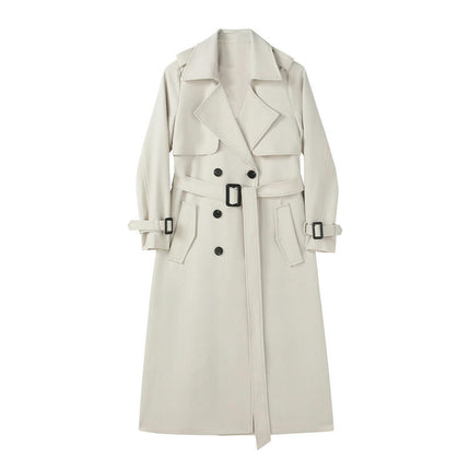 Women's Double Breasted Long Trench Coat Windproof Lapel Slim Overcoat with Belt Model A