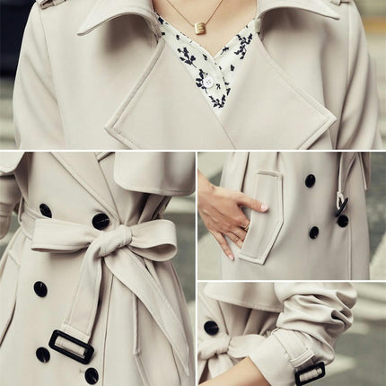 Women's Double Breasted Long Trench Coat Windproof Lapel Slim Overcoat with Belt Model A