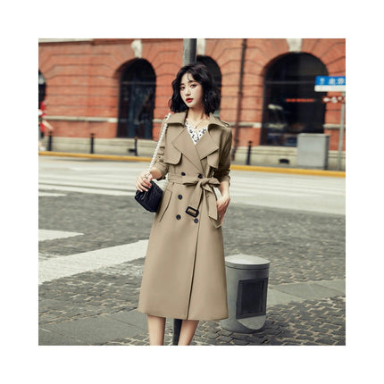 Women's Double Breasted Long Trench Coat Windproof Lapel Slim Overcoat with Belt Model A