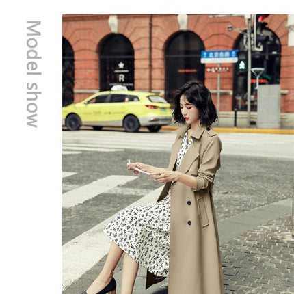 Women's Double Breasted Long Trench Coat Windproof Lapel Slim Overcoat with Belt Model A