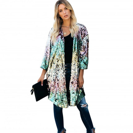 Women's European and American Style Colorful Sequins Personality Street Cardigan Coat